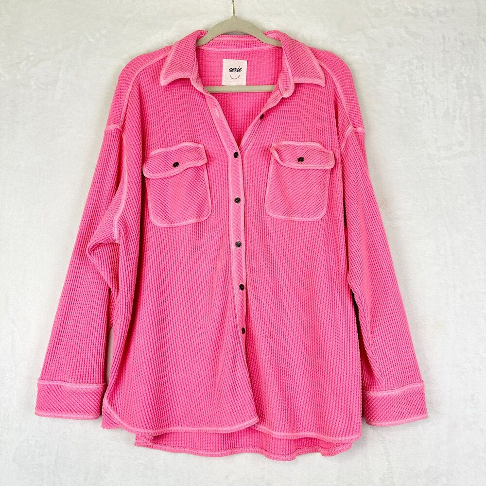 Aerie Lumberjane Waffle Knit Button Up Shirt Size Small Pink Oversized Flawed